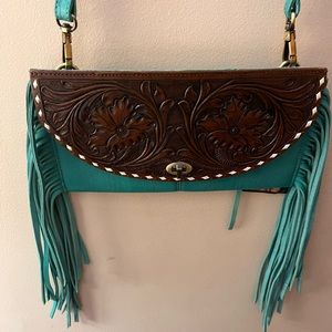 New with Tags American Darling Brown & green leather With Fringe Crossbody